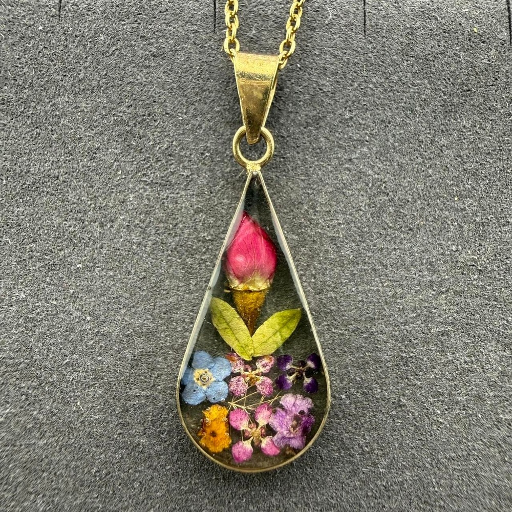 ATI Pressed Flower Necklace Real Rose Teardrop Sterling Silver Mexico‎ Botanical